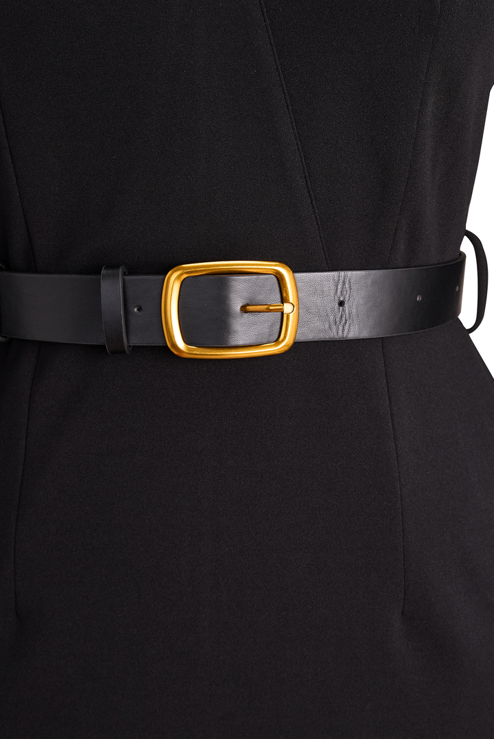 Refined | Black Dress with Belt and Mandarin Collar