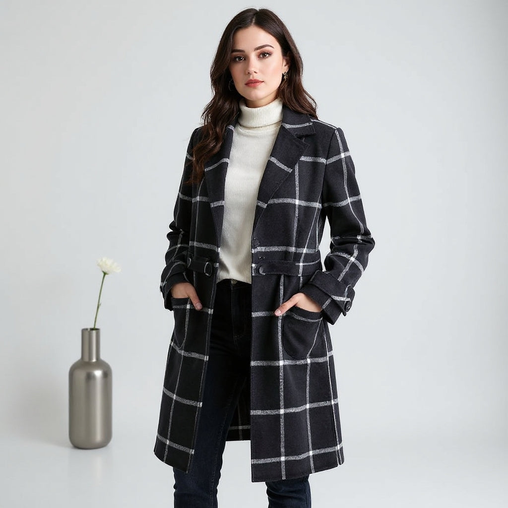 Women's Plaid Tweed Coat with Retro Lapel