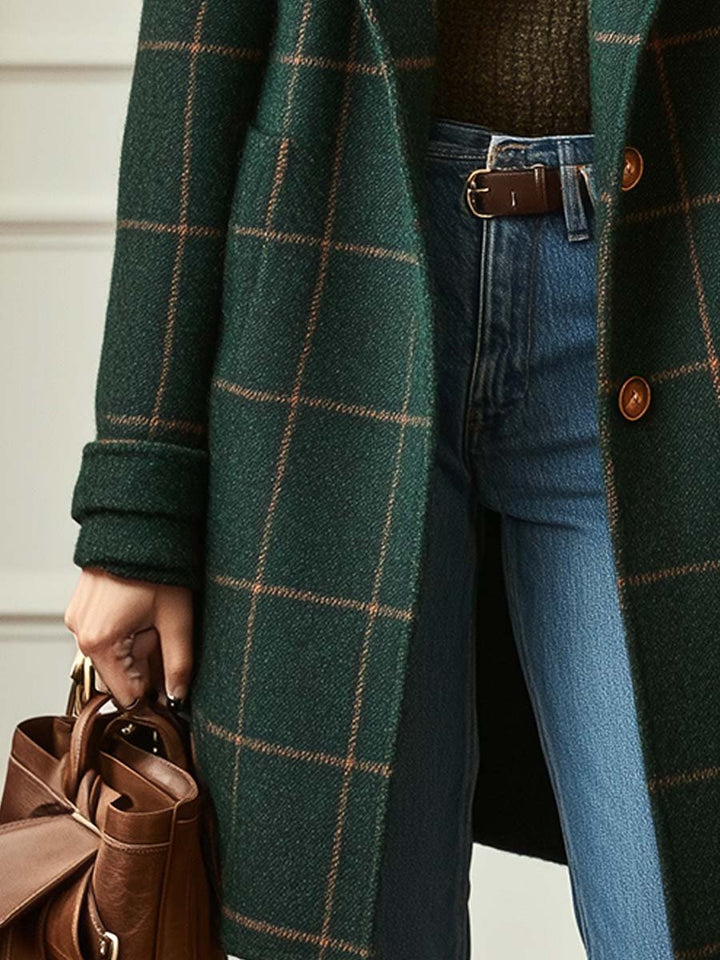 Women's Plaid Tweed Coat with Retro Lapel